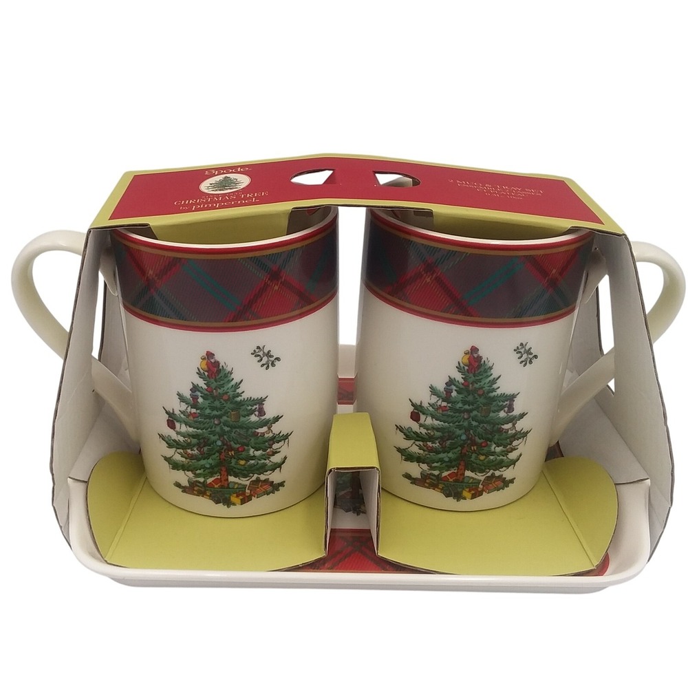 Spode Christmas Tree Mugs Set Tartan Plaid Holiday Coffee Tea 10oz NEW
